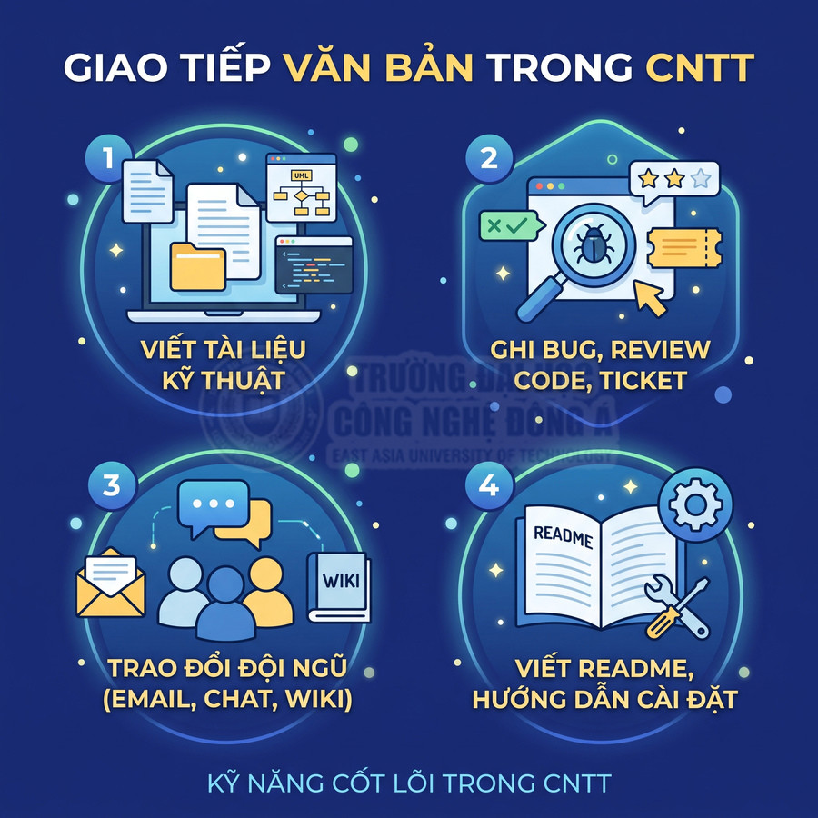 Infographic kỹ năng giao tiếp văn bản trong CNTT: viết tài liệu kỹ thuật, ghi bug, trao đổi đội ngũ, viết README