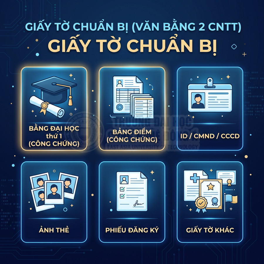 Danh sách giấy tờ cần chuẩn bị khi đăng ký văn bằng 2 CNTT gồm bằng đại học, bảng điểm, CMND, ảnh thẻ, phiếu đăng ký