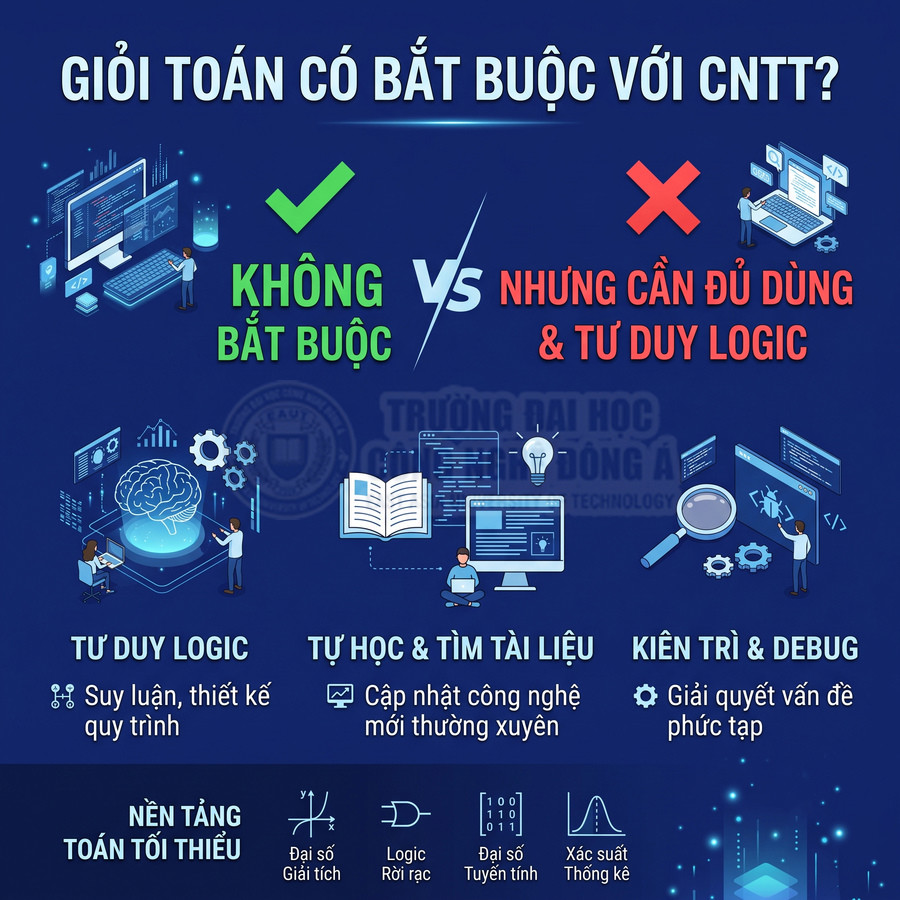 Infographic giải thích học CNTT không cần giỏi toán nhưng cần tư duy logic, tự học, kiên trì và nền tảng toán cơ bản