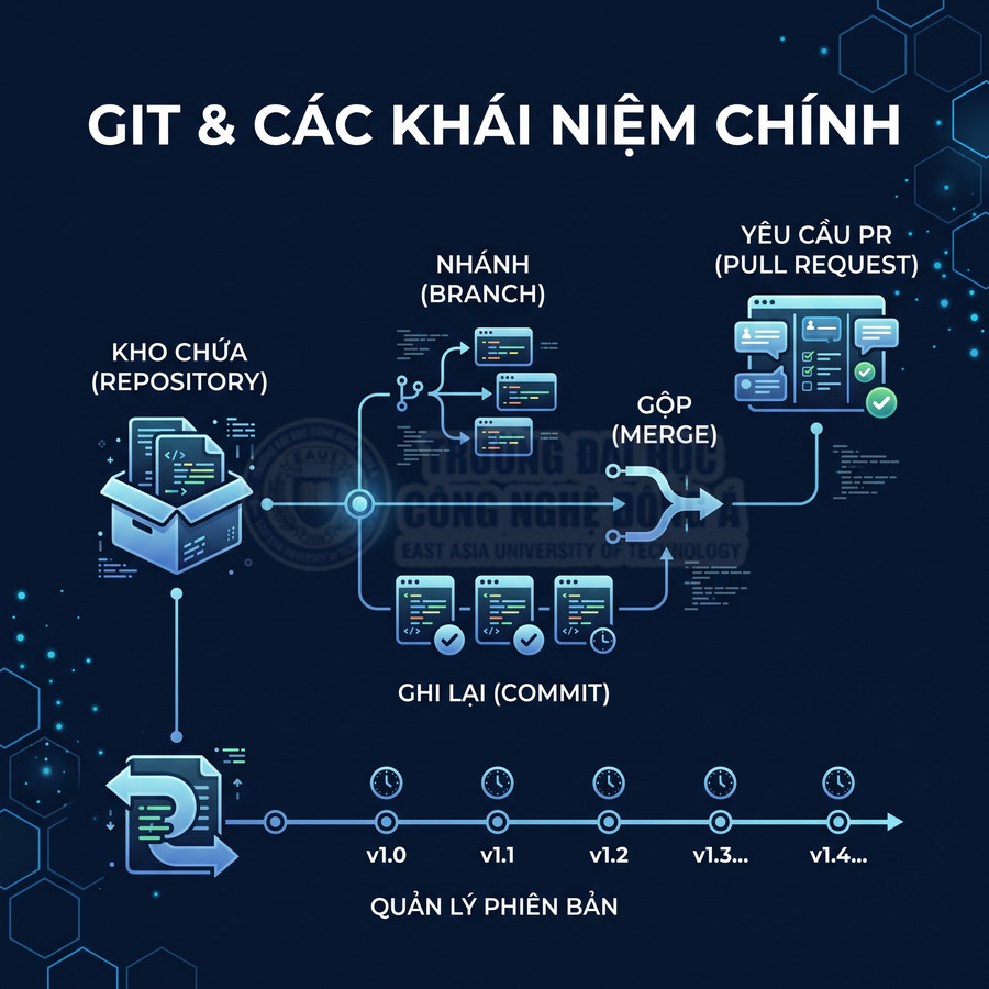 Sơ đồ minh họa các khái niệm chính trong Git như repository, branch, commit, merge và pull request