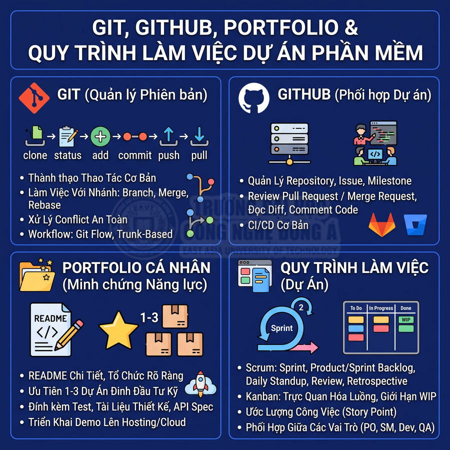 Infographic kiến thức Git, GitHub, portfolio cá nhân và quy trình làm việc dự án phần mềm cho lập trình viên