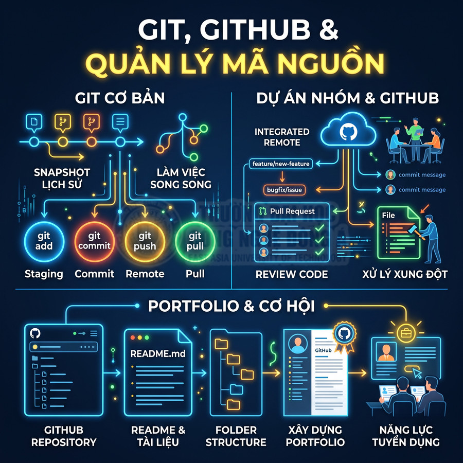 Infographic Git GitHub quản lý mã nguồn, quy trình git add commit push pull, làm việc nhóm, portfolio và cơ hội tuyển dụng
