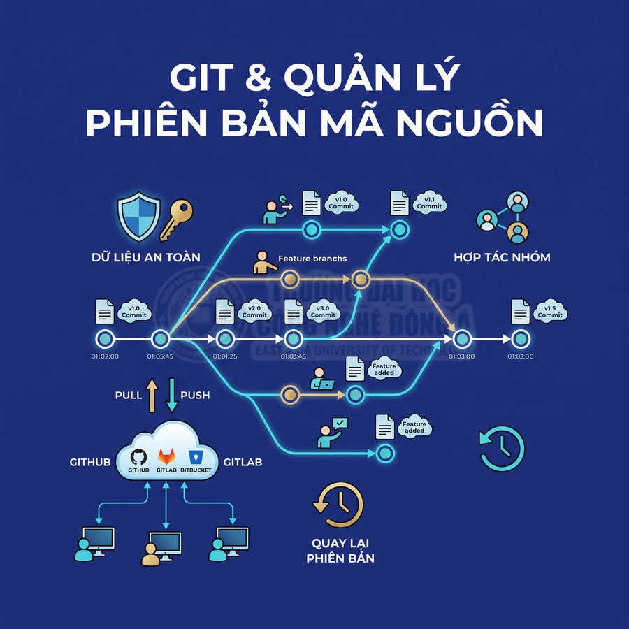 Minh họa quy trình Git quản lý phiên bản mã nguồn với commit, nhánh tính năng, GitHub GitLab và làm việc nhóm