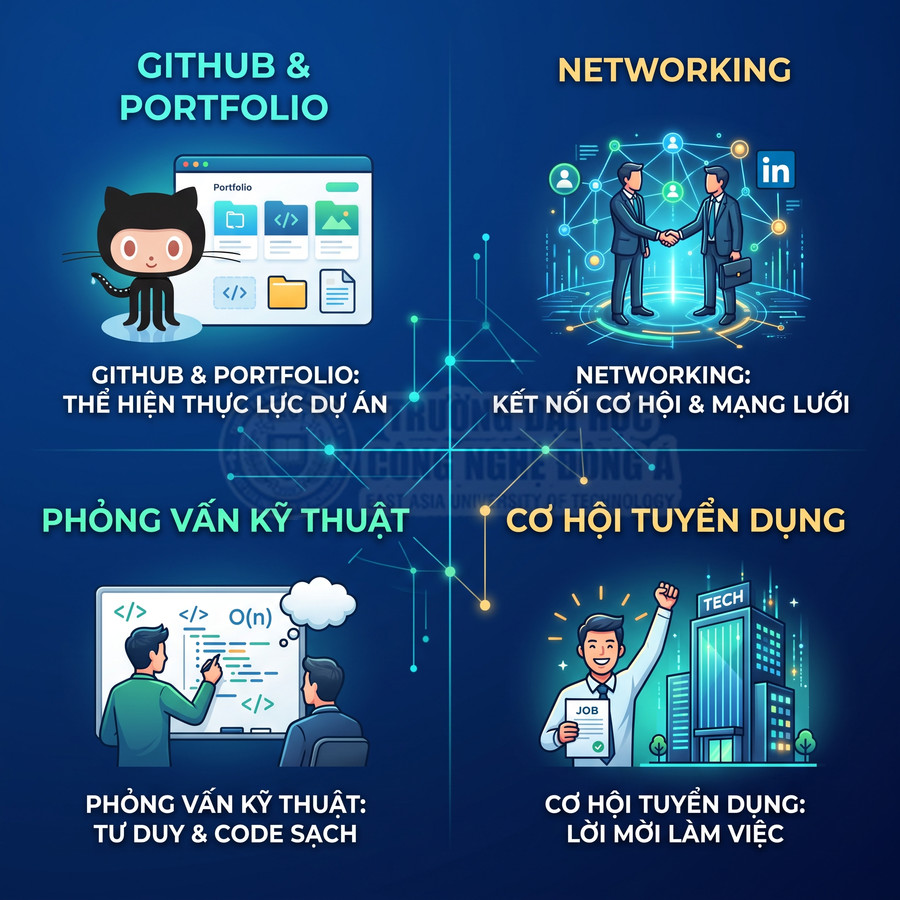 Infographic lộ trình xin việc IT: GitHub portfolio, networking, phỏng vấn kỹ thuật và cơ hội tuyển dụng