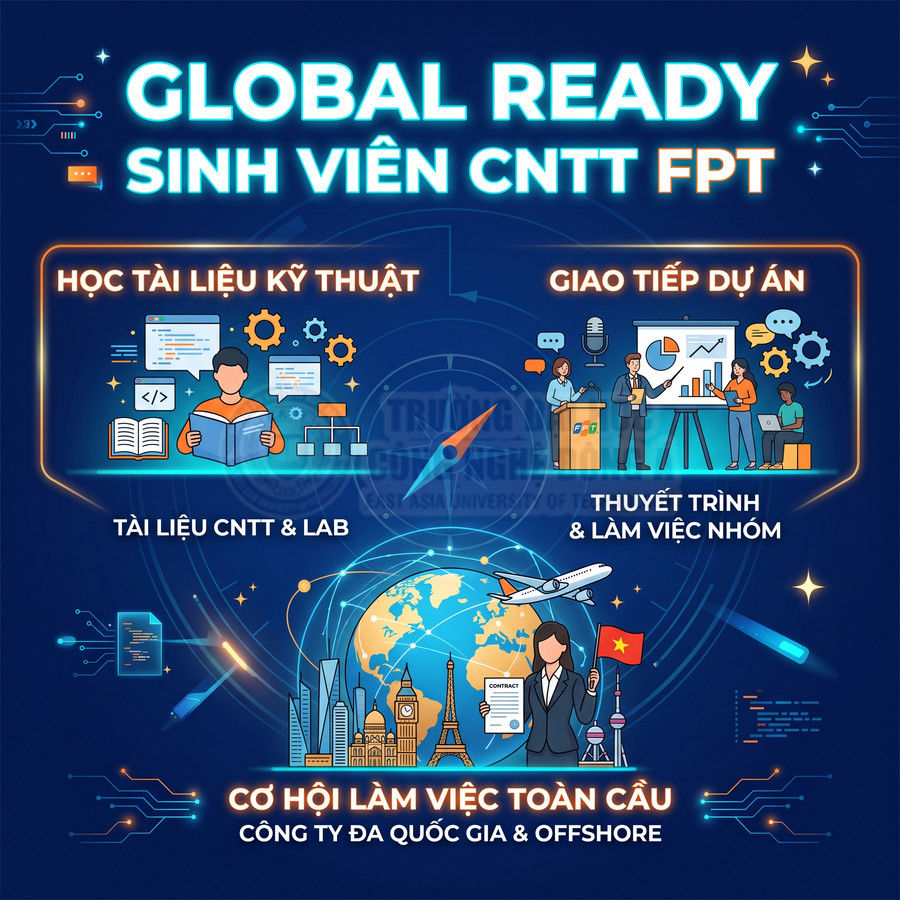 Poster giới thiệu chương trình sinh viên CNTT FPT với học tài liệu kỹ thuật, giao tiếp dự án và cơ hội làm việc toàn cầu