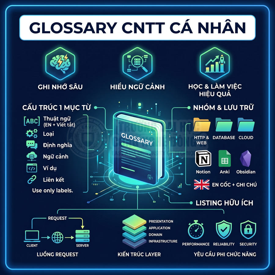 Infographic giới thiệu glossary CNTT cá nhân với cấu trúc mục từ, nhóm lưu trữ và yêu cầu phi chức năng
