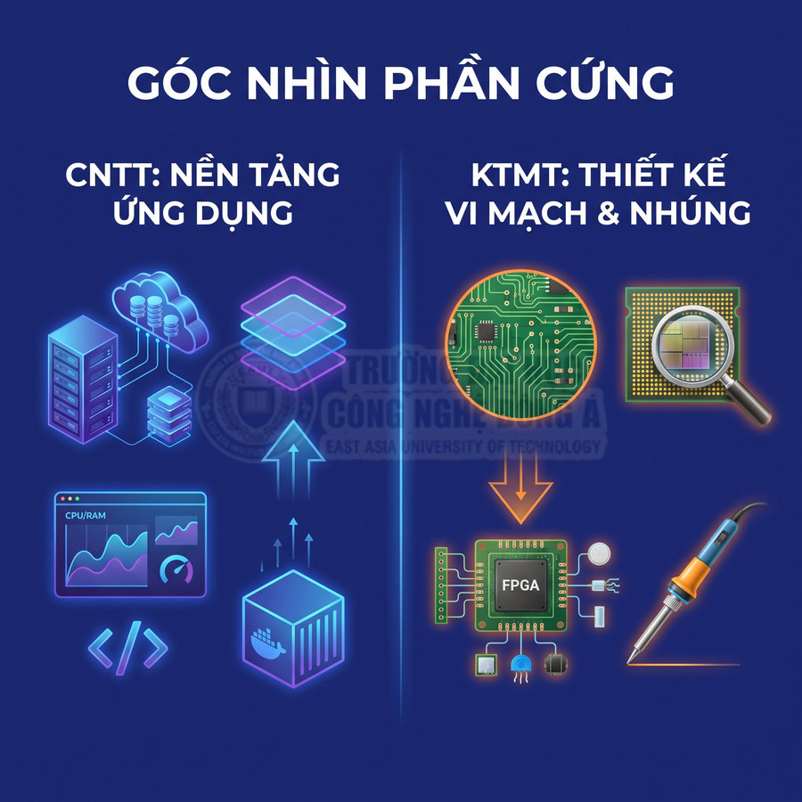 So sánh CNTT nền tảng ứng dụng và Kỹ thuật máy tính thiết kế vi mạch nhúng với các biểu tượng phần cứng