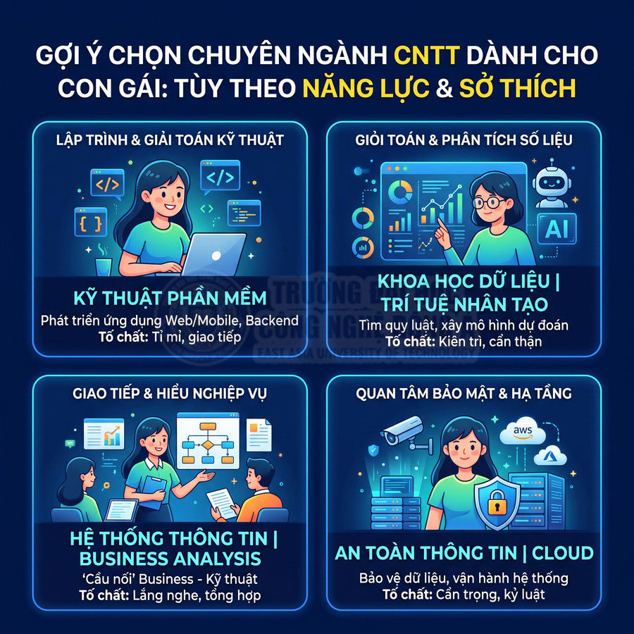 Infographic gợi ý các chuyên ngành CNTT cho con gái như kỹ thuật phần mềm, khoa học dữ liệu, BA, an toàn thông tin, cloud