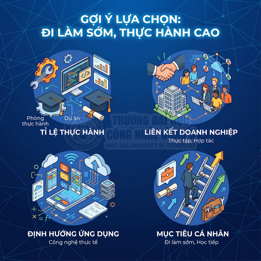 Infographic tuyển sinh Trường Đại học Công nghệ Đông Á với định hướng thực hành, liên kết doanh nghiệp và mục tiêu nghề nghiệp sớm