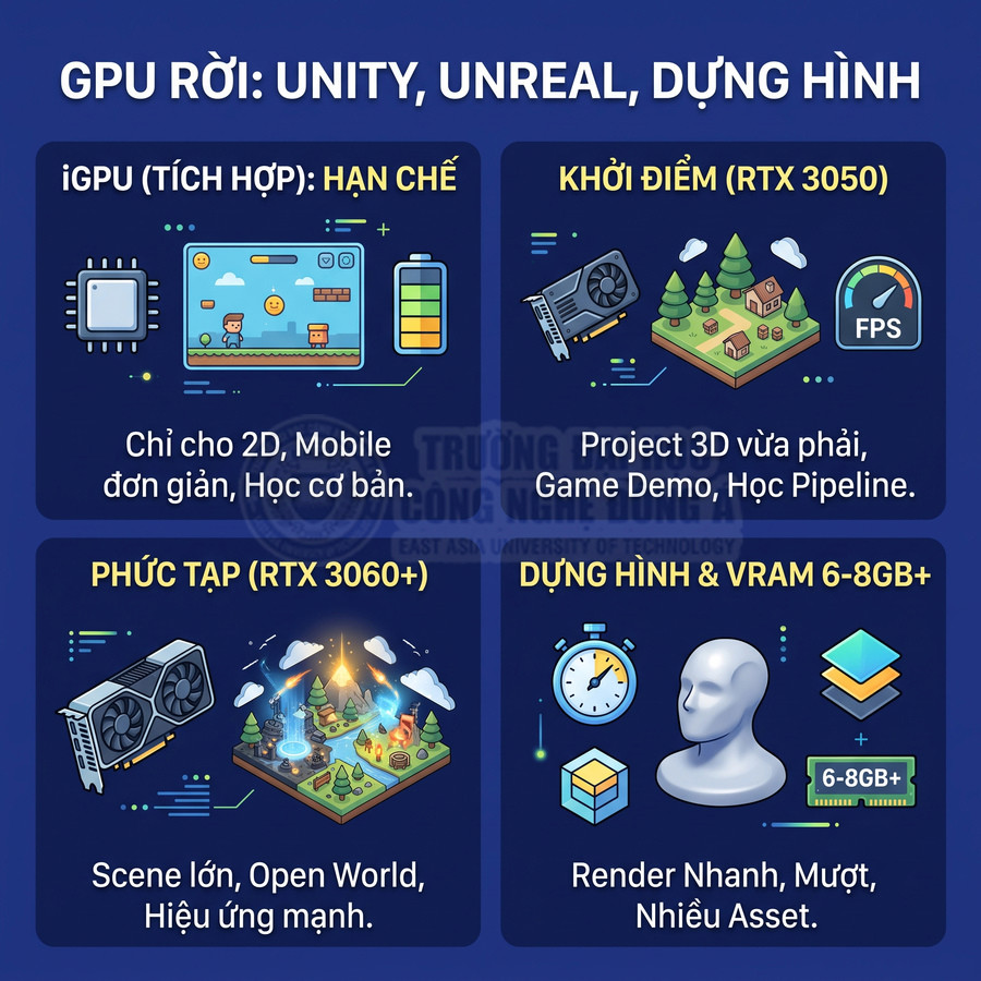 Infographic so sánh iGPU và GPU rời RTX 3050, RTX 3060 cho Unity, Unreal, dựng hình 3D và render nhanh mượt