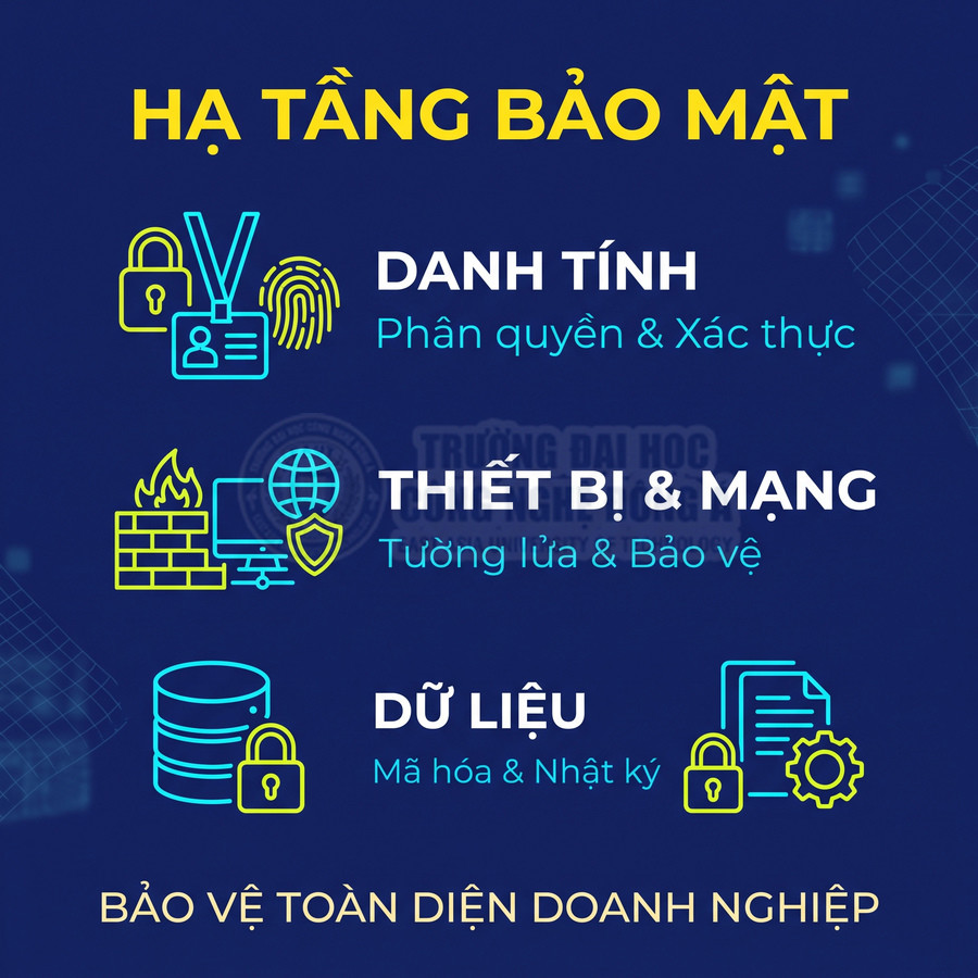 Đồ họa hạ tầng bảo mật doanh nghiệp về danh tính, thiết bị và mạng, dữ liệu, tường lửa, xác thực và mã hóa