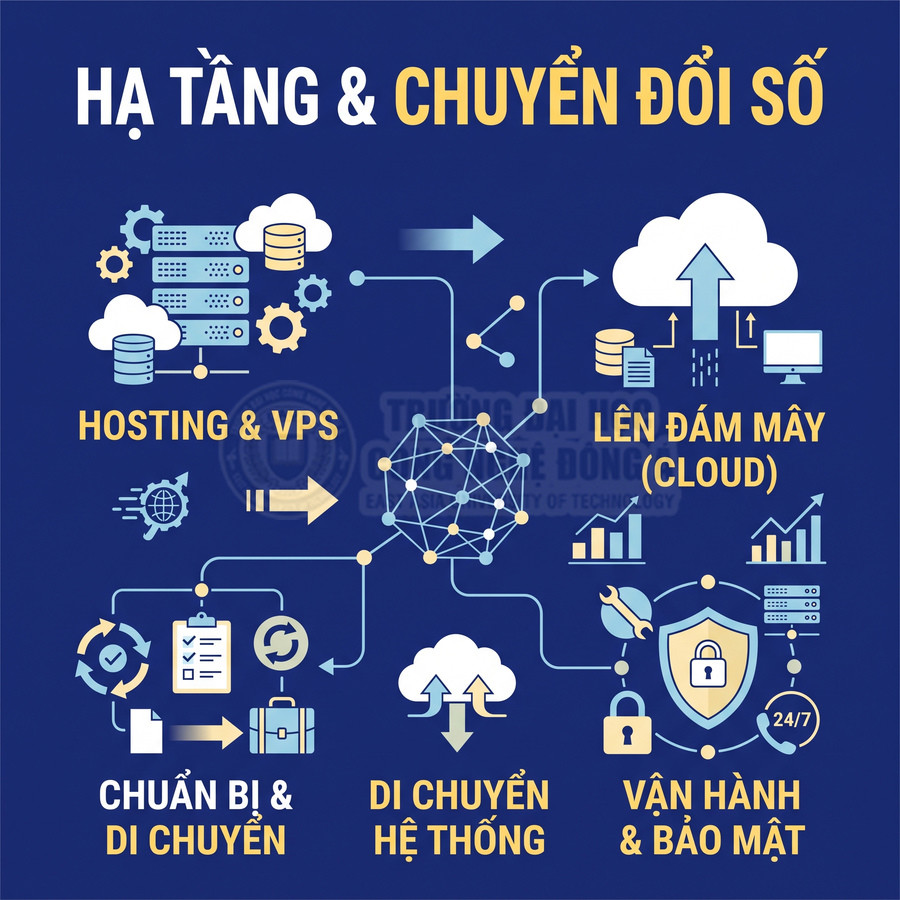 Các bước chuyển đổi hạ tầng số từ hosting và VPS lên đám mây, gồm chuẩn bị, di chuyển hệ thống, vận hành và bảo mật