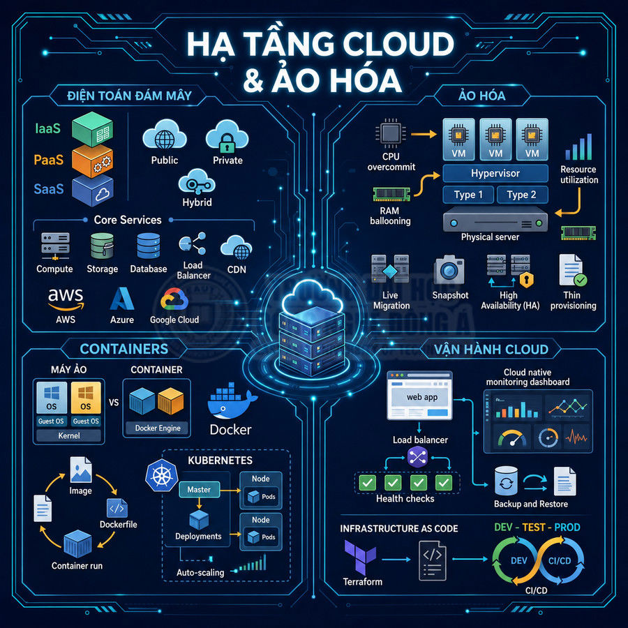 Mô hình hạ tầng cloud và ảo hóa với điện toán đám mây, containers Docker, Kubernetes và vận hành cloud