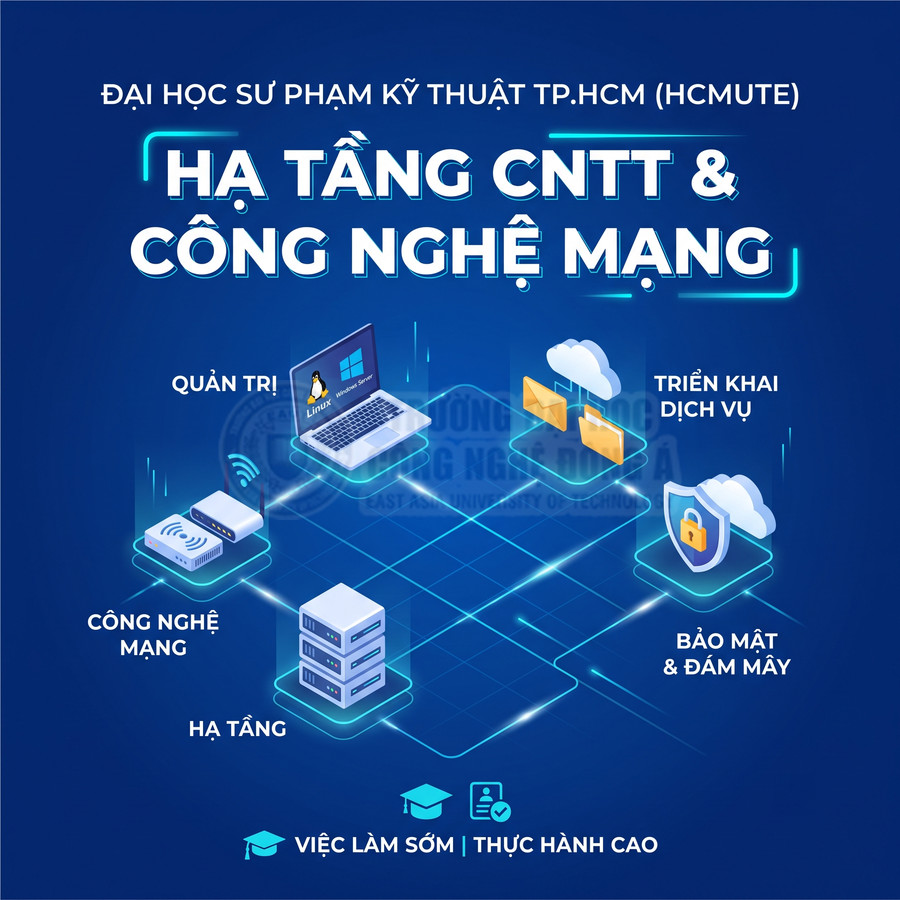 Ngành Hạ tầng CNTT và Công nghệ mạng tại Đại học Sư phạm Kỹ thuật TP.HCM với các mảng quản trị, bảo mật, đám mây