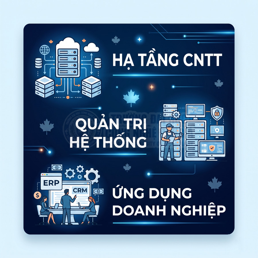 Minh họa hạ tầng CNTT, quản trị hệ thống và ứng dụng doanh nghiệp ERP CRM với nhân viên làm việc trên máy tính