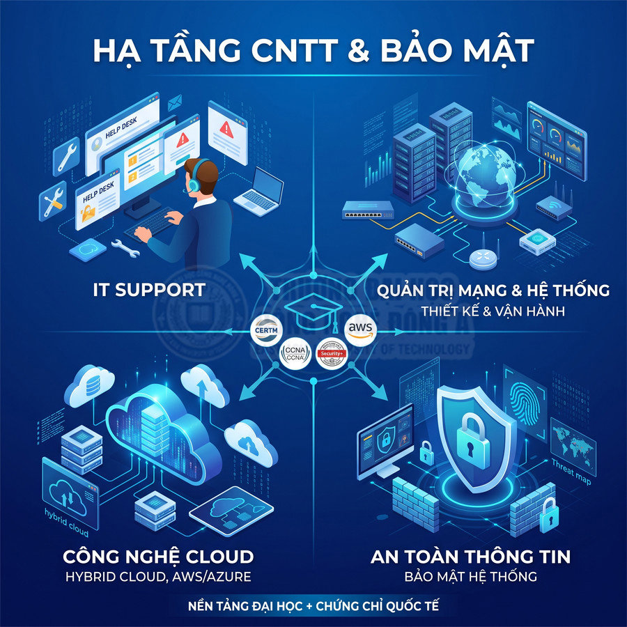 Hình minh họa chương trình đào tạo hạ tầng CNTT và bảo mật gồm IT support, quản trị mạng, cloud và an toàn thông tin