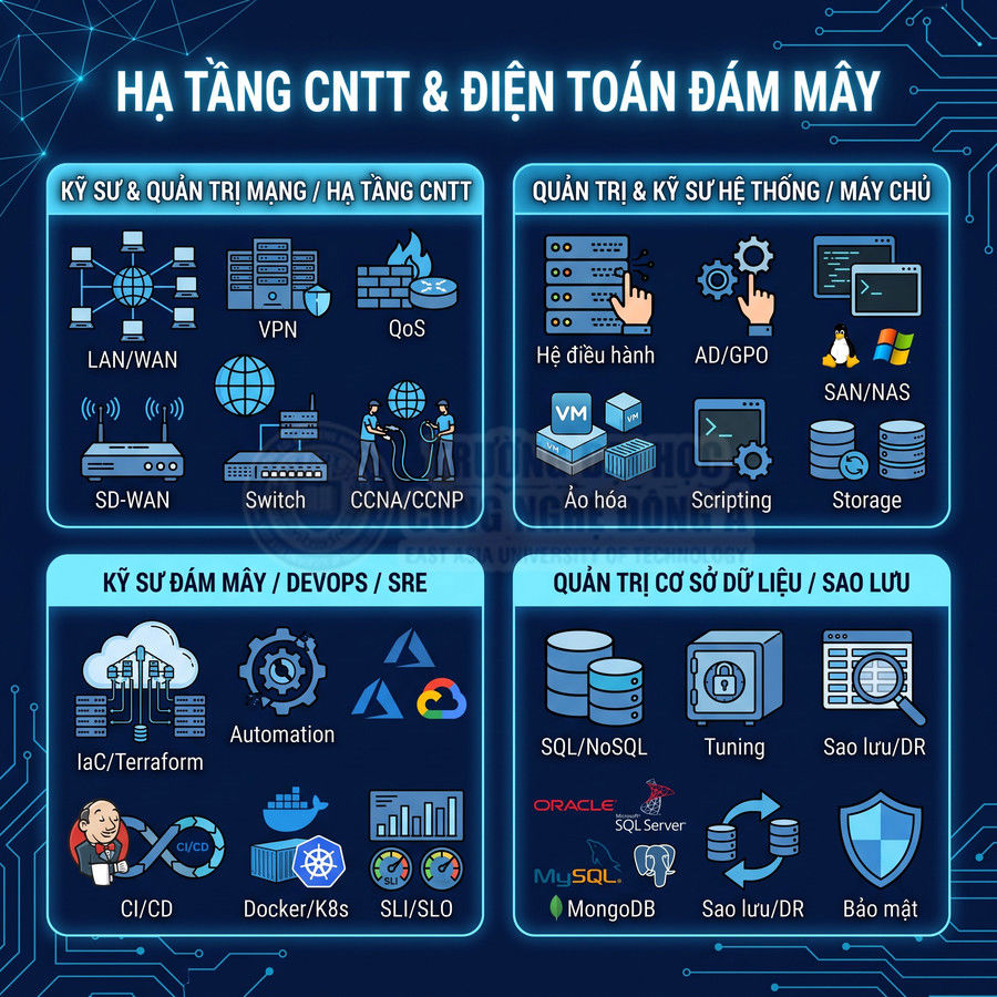 Sơ đồ các mảng nghề hạ tầng CNTT và điện toán đám mây gồm mạng, hệ thống, DevOps, cơ sở dữ liệu và bảo mật