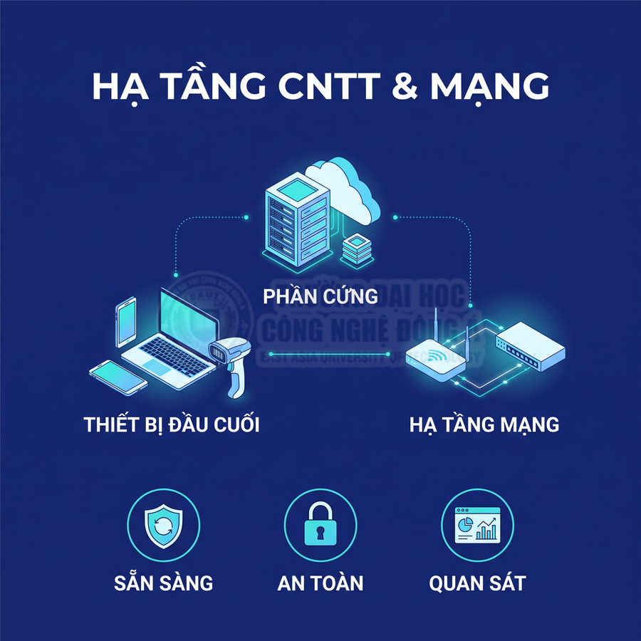 Hạ tầng CNTT và mạng gồm máy chủ đám mây, thiết bị đầu cuối, router, switch, bảo mật và giám sát