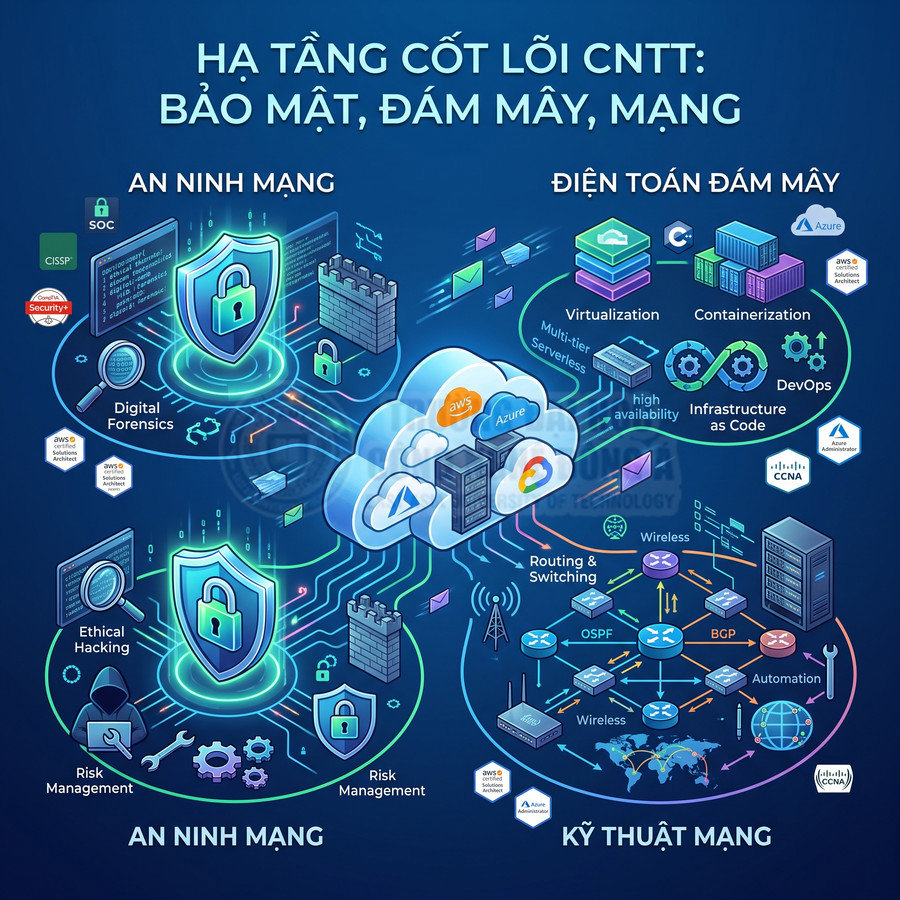 Mô hình hạ tầng CNTT với an ninh mạng, điện toán đám mây AWS Azure và kỹ thuật mạng CCNA
