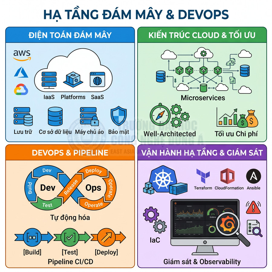 Mô hình hạ tầng đám mây và DevOps với điện toán đám mây, kiến trúc cloud, pipeline CI CD và giám sát hệ thống