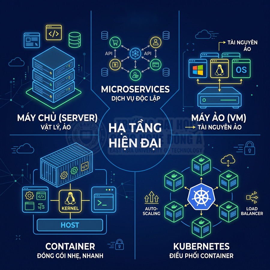 Mô hình hạ tầng hiện đại với server, máy ảo, container, microservices và Kubernetes điều phối container
