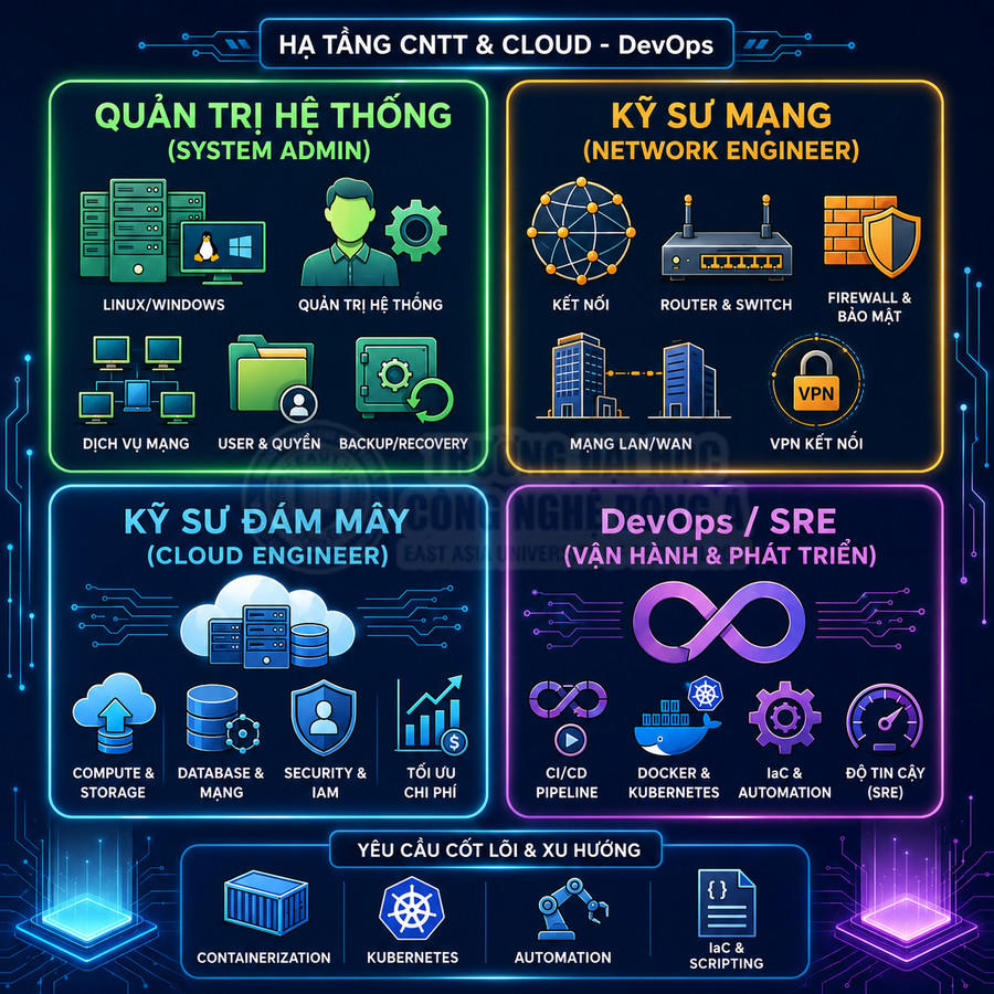 Infographic các vị trí hạ tầng CNTT và Cloud DevOps gồm quản trị hệ thống, kỹ sư mạng, kỹ sư đám mây, DevOps SRE