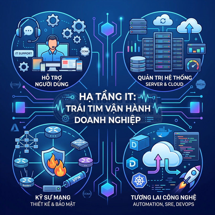 Hạ tầng IT với các mảng hỗ trợ người dùng, quản trị server cloud, kỹ sư mạng bảo mật và DevOps tự động hóa
