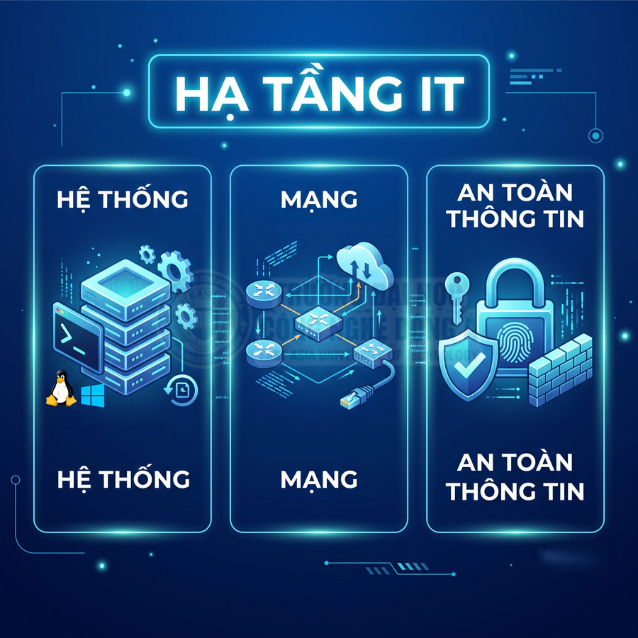 Minh họa hạ tầng IT với hệ thống server, mạng cloud và biểu tượng an toàn thông tin, bảo mật dữ liệu