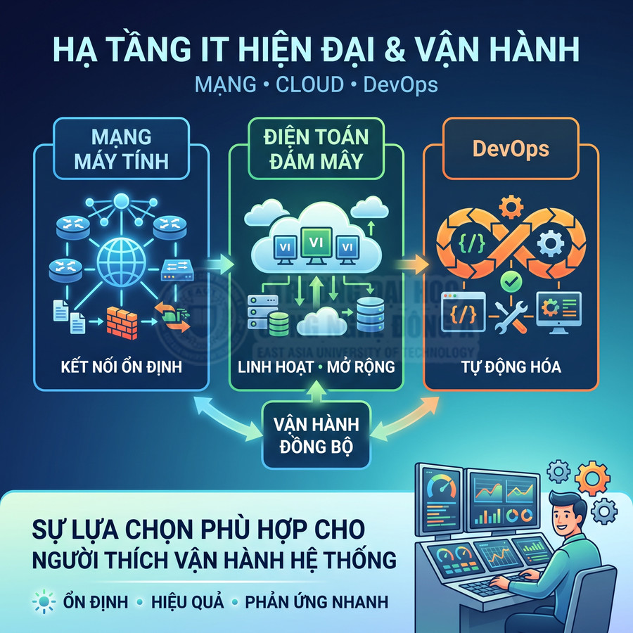 Mô hình hạ tầng IT hiện đại với mạng máy tính, điện toán đám mây và DevOps cho vận hành hệ thống đồng bộ