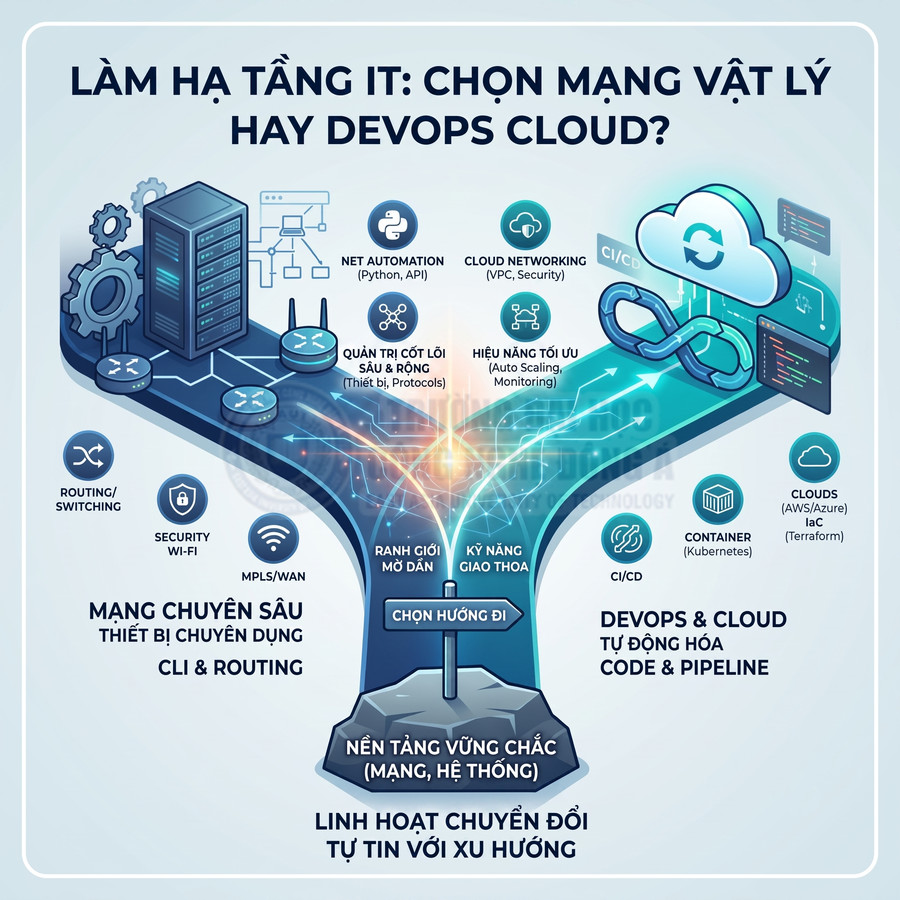 Infographic so sánh lộ trình nghề IT mạng vật lý với DevOps cloud, nhấn mạnh kỹ năng nền tảng và tự động hóa