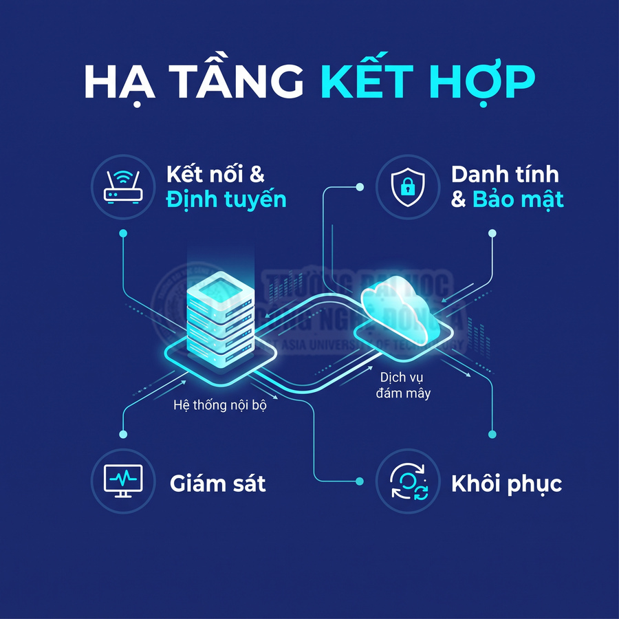 Hạ tầng kết hợp kết nối hệ thống nội bộ với dịch vụ đám mây, bảo mật, giám sát và khôi phục dữ liệu