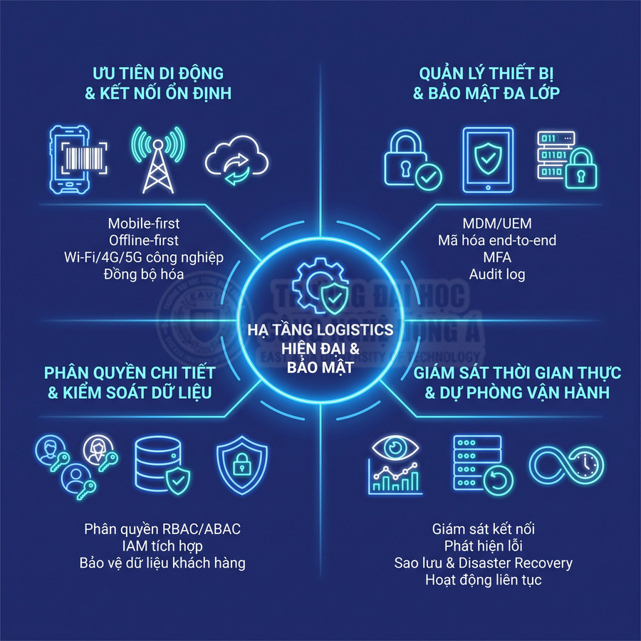 Infographic về hạ tầng logistics hiện đại với kết nối ổn định, bảo mật, phân quyền dữ liệu và giám sát thời gian thực