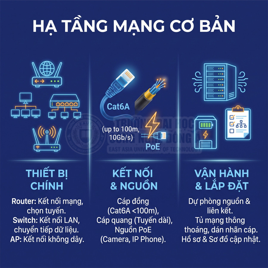 Các thiết bị hạ tầng mạng cơ bản gồm router, switch, AP, cáp Cat6A, cáp quang và nguồn PoE, cùng hướng dẫn vận hành lắp đặt