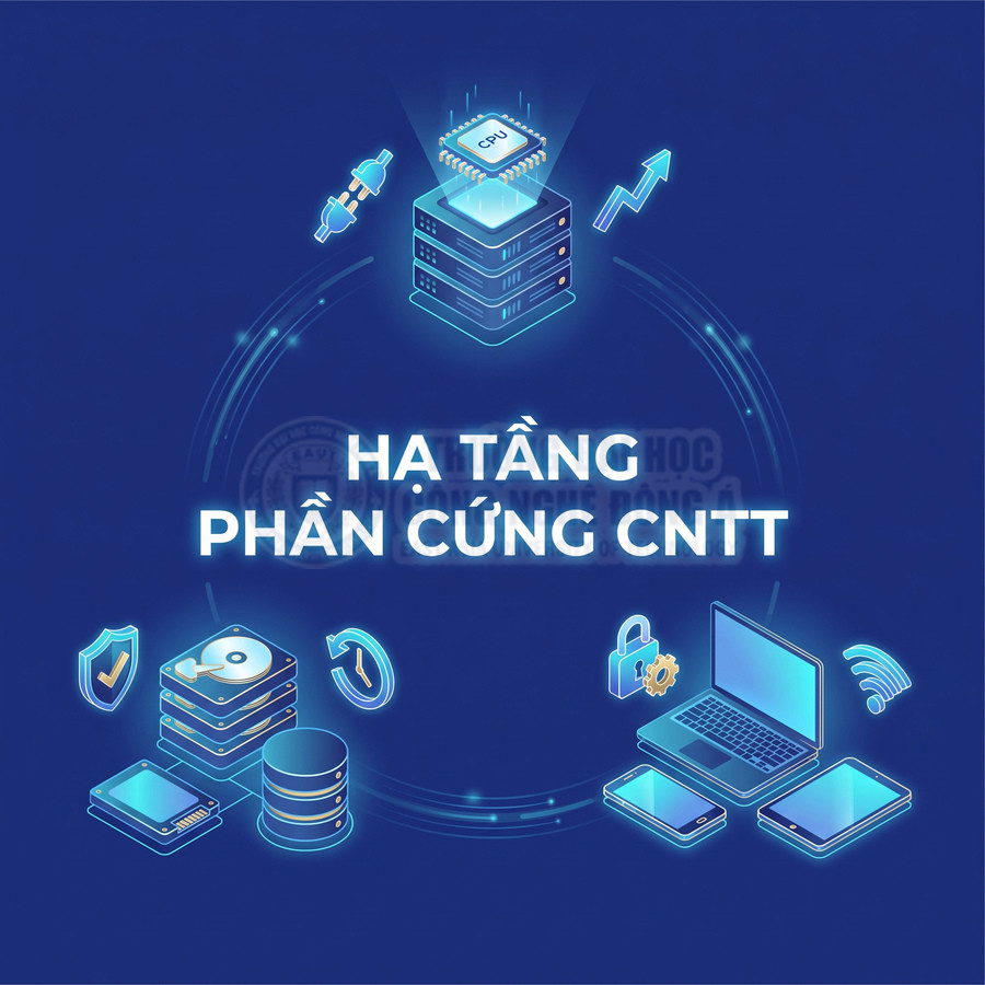 Biểu tượng hạ tầng phần cứng CNTT với máy chủ, chip xử lý, ổ cứng, laptop và thiết bị lưu trữ dữ liệu