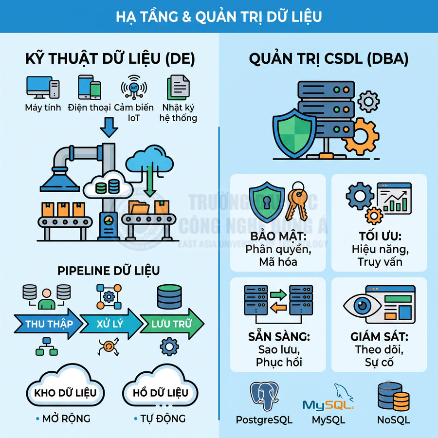 Infographic so sánh kỹ thuật dữ liệu và quản trị cơ sở dữ liệu với pipeline dữ liệu và logo PostgreSQL MySQL NoSQL