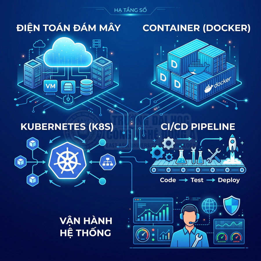 Mô hình hạ tầng số với điện toán đám mây, Docker container, Kubernetes, CI CD pipeline và vận hành hệ thống