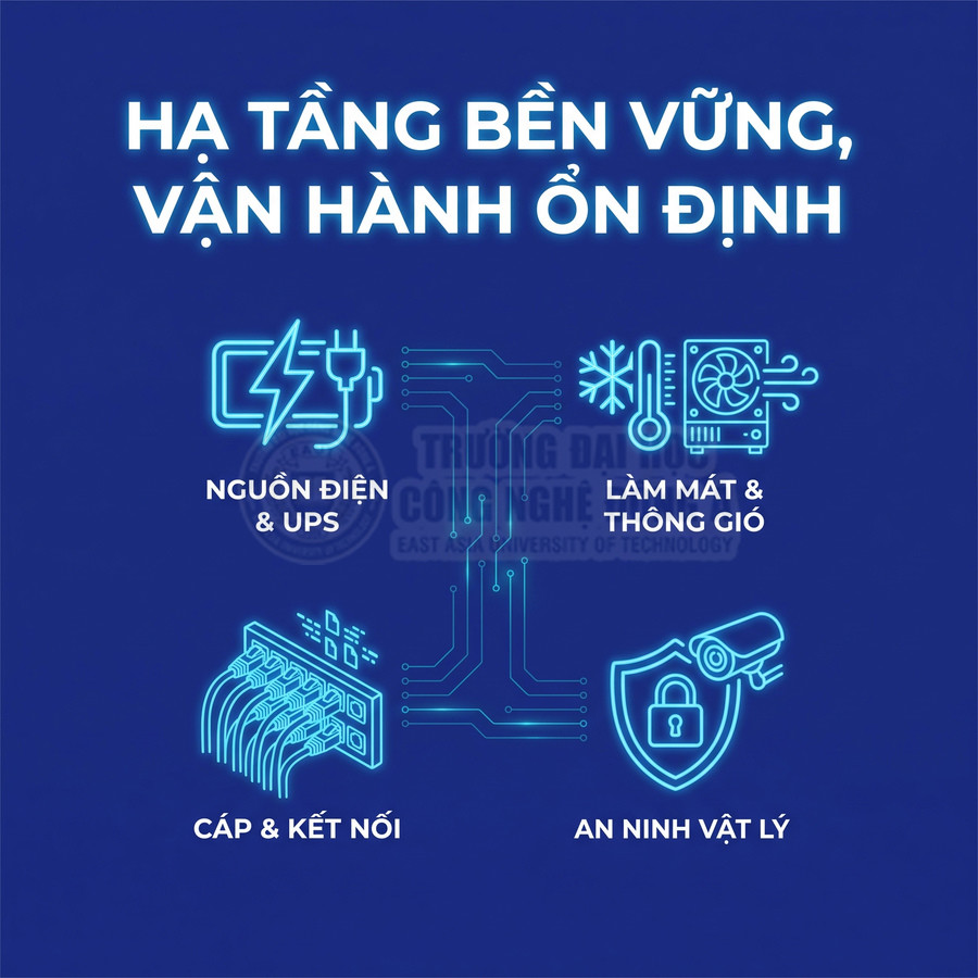 Hạ tầng bền vững gồm nguồn điện và UPS, hệ thống làm mát, cáp kết nối và an ninh vật lý