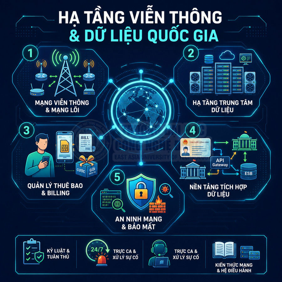 Mô hình hạ tầng viễn thông và dữ liệu quốc gia với mạng viễn thông, trung tâm dữ liệu, bảo mật và quản lý thuê bao