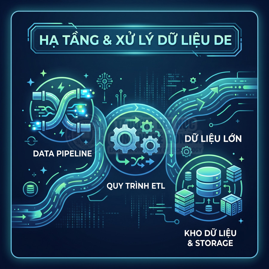 Minh họa hạ tầng và xử lý dữ liệu DE với data pipeline, quy trình ETL, dữ liệu lớn và kho dữ liệu storage