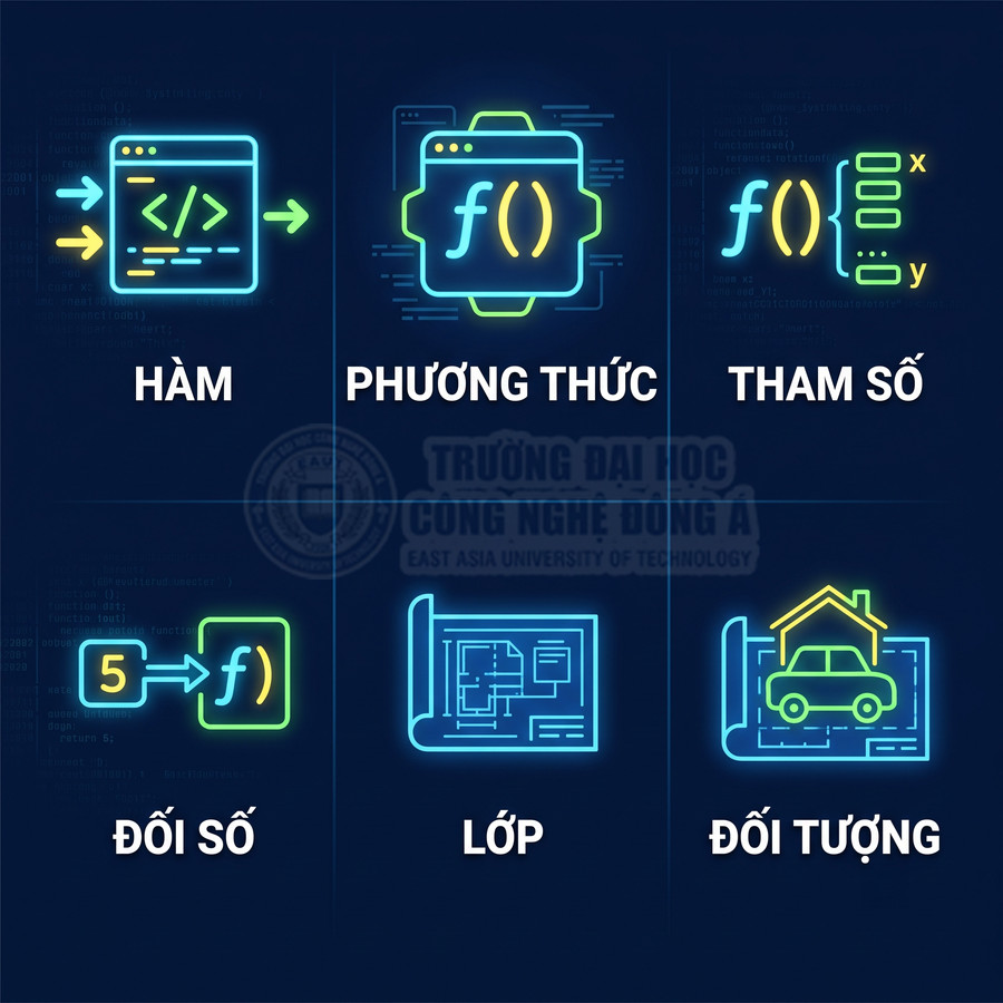 Minh họa khái niệm lập trình hướng đối tượng với hàm, phương thức, tham số, đối số, lớp và đối tượng