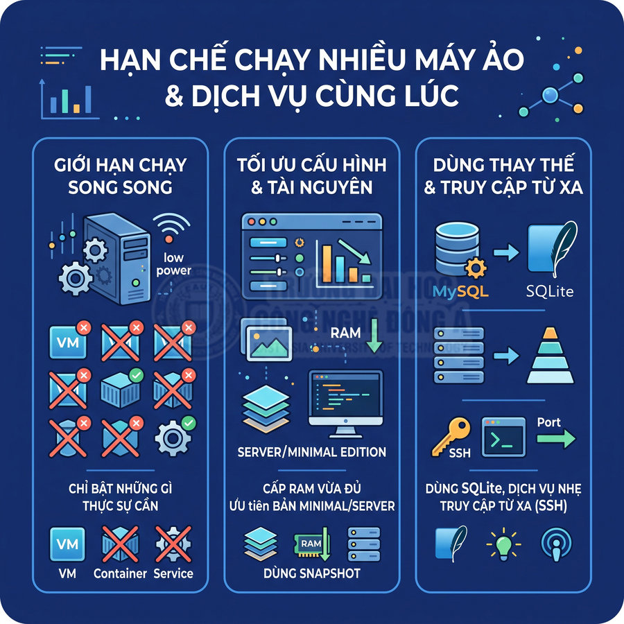 Hướng dẫn tối ưu chạy máy ảo và dịch vụ cùng lúc với giới hạn VM, tối ưu RAM, dùng SQLite và truy cập SSH