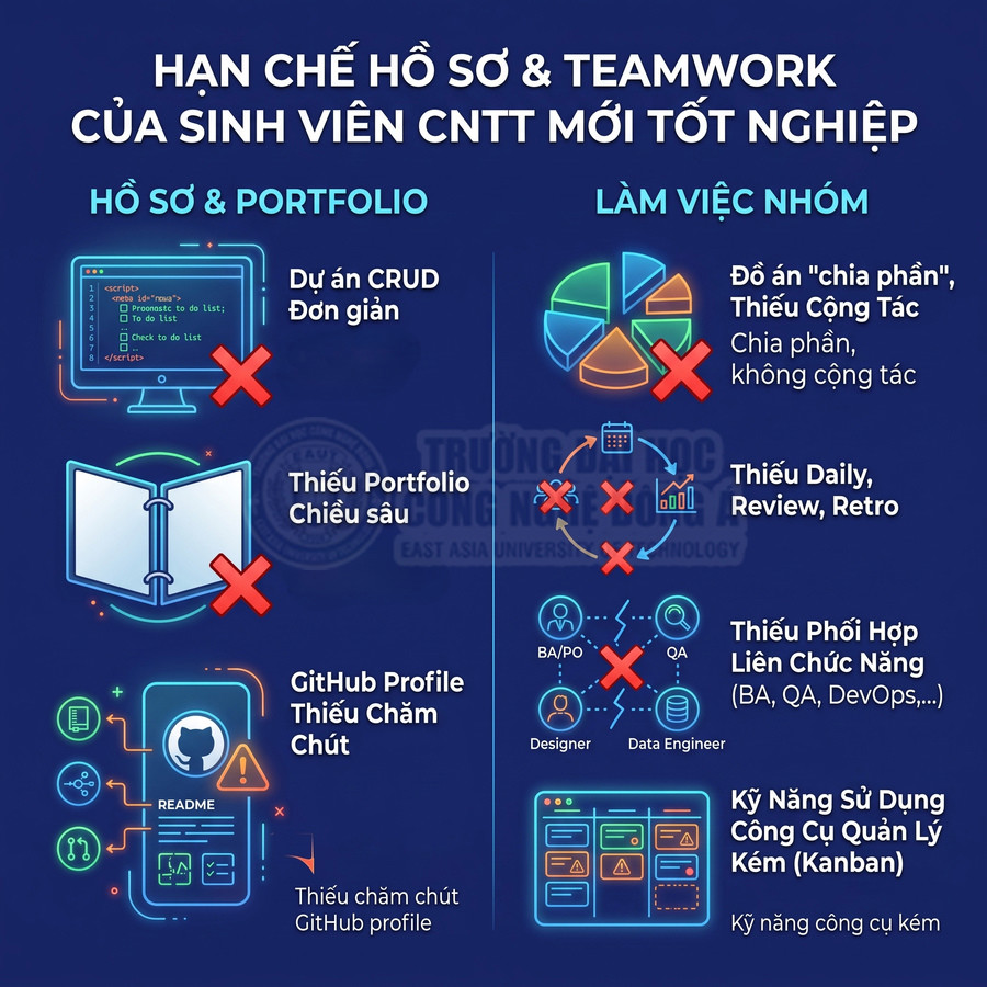 Infographic hạn chế hồ sơ, portfolio và kỹ năng teamwork của sinh viên CNTT mới tốt nghiệp