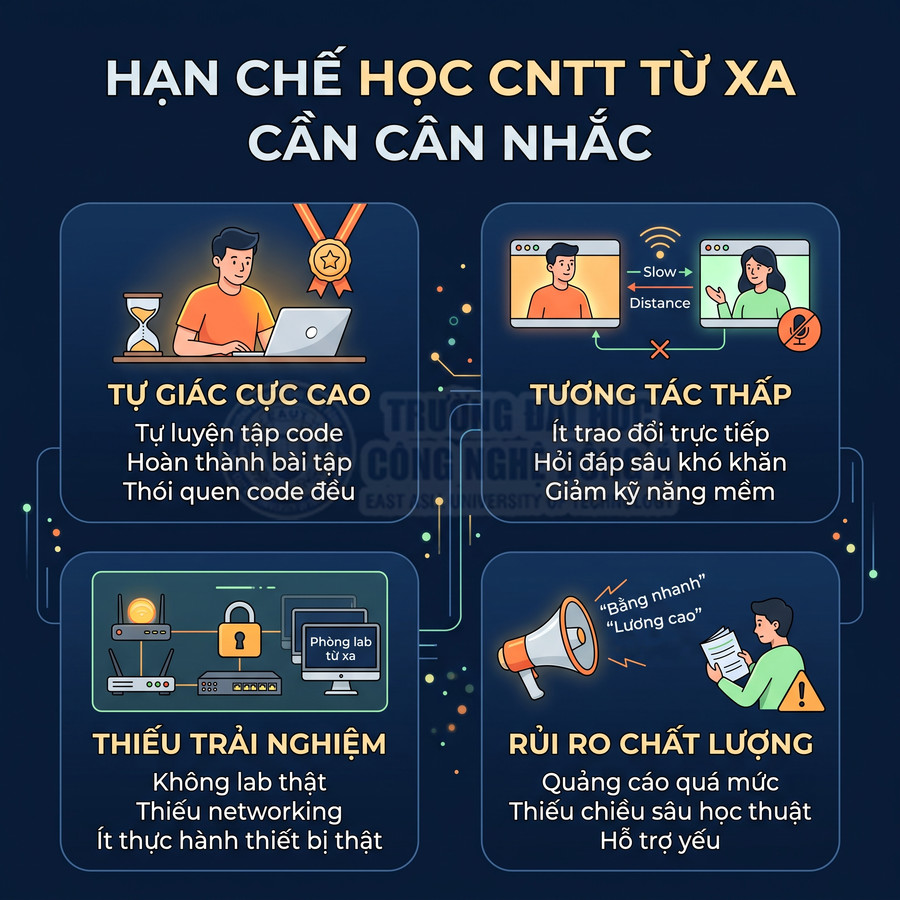 Infographic hạn chế khi học CNTT từ xa như tự giác cao, tương tác thấp, thiếu trải nghiệm và rủi ro chất lượng