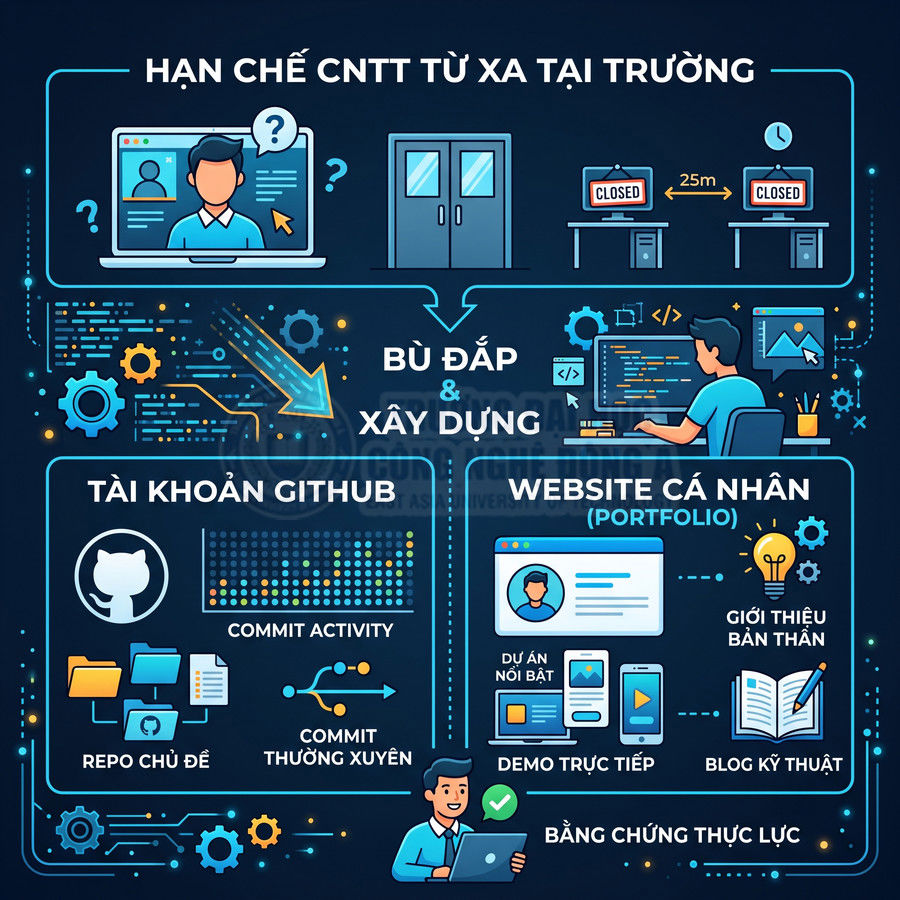 Minh họa lập trình viên xây dựng tài khoản GitHub và website cá nhân để bù đắp hạn chế học CNTT từ xa