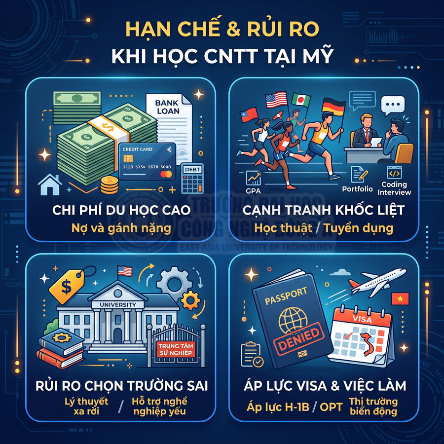 Infographic hạn chế và rủi ro khi học công nghệ thông tin tại Mỹ về chi phí, cạnh tranh, chọn trường, visa và việc làm