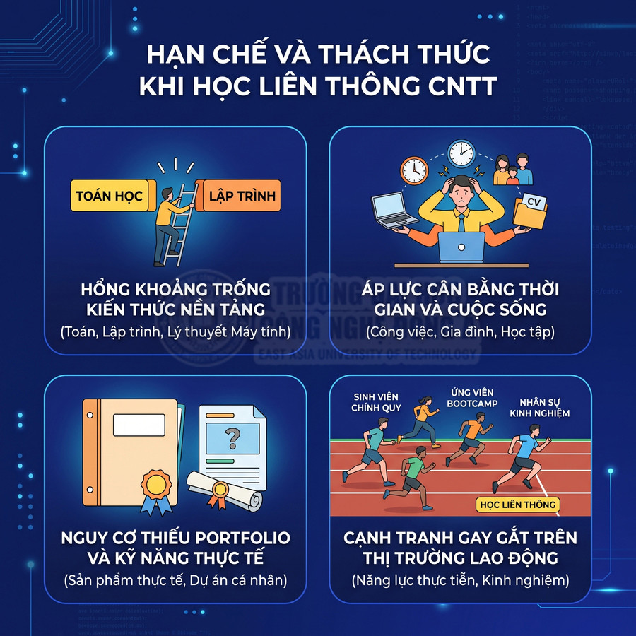 Infographic hạn chế và thách thức khi học liên thông CNTT về kiến thức nền tảng, thời gian, portfolio và cạnh tranh việc làm