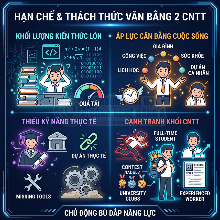 Infographic hạn chế và thách thức khi học văn bằng 2 công nghệ thông tin, áp lực kiến thức, kỹ năng và cạnh tranh