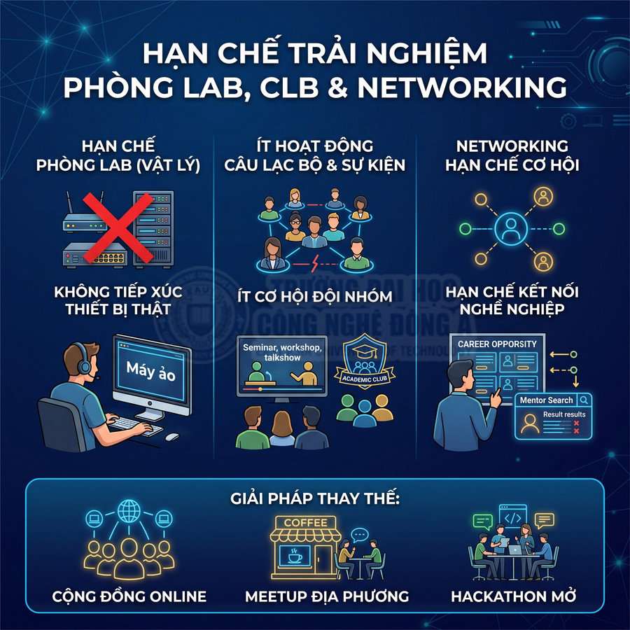 Infographic về hạn chế trải nghiệm phòng lab, câu lạc bộ, networking và các giải pháp cộng đồng online, meetup, hackathon
