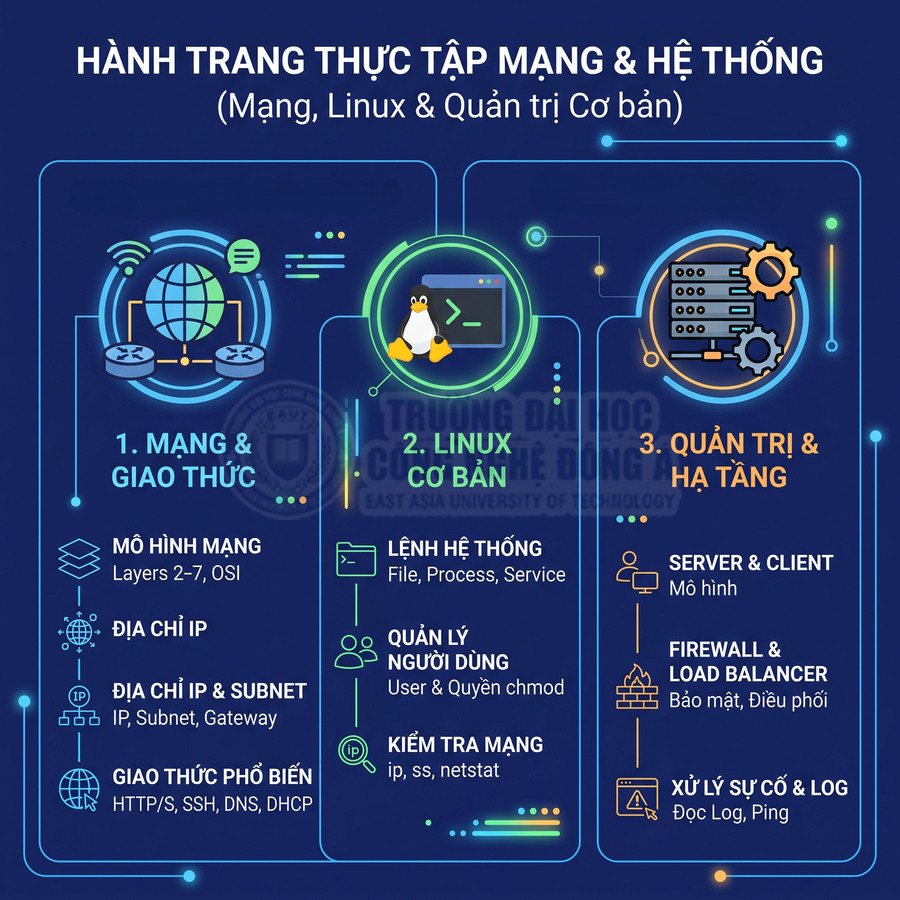 Infographic khóa học thực tập mạng hệ thống với các nội dung mạng giao thức, Linux cơ bản, quản trị và hạ tầng