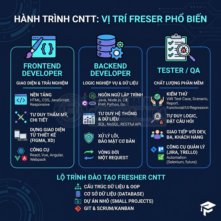 Infographic hành trình CNTT cho fresher với các vị trí frontend developer, backend developer, tester QA và lộ trình đào tạo